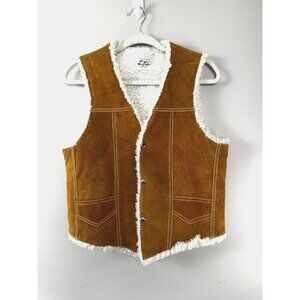 Vintage Genuine Tan Suede Leather Sherpa 38 Vest Western Cowgirl Rodeo Rancher